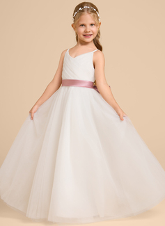 A-line kjole V-hals Gulvlengde Tyll Sateng Brudepikekjole barn med Bånd 