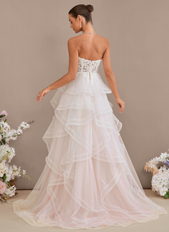 Ball-Gown/Princess Off the Shoulder Sweep Train Tulle Lace Wedding Dress With Sequins 