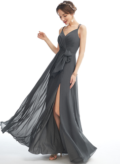 A-line V-Neck Floor-Length Chiffon Bridesmaid Dress With Ruffle Beading 