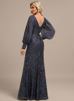 Sheath/Column V-Neck Floor-Length Detachable Lace Sequin Chiffon Evening Dress With Overskirt 