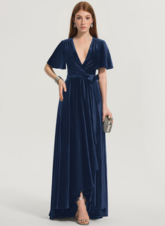 A-Linien-Kleid V-Ausschnitt Vokuhila Samt Brautjungfernkleid mit Schleife 