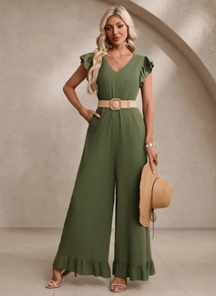 Ruffle V-Neck Flutter Sleeve Crepe Maxi Jumpsuits 