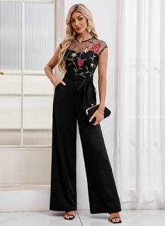 Broderier Rund-halsudskæring Illusion Hætte ærmer Tyl Jersey Maxi Jumpsuits 