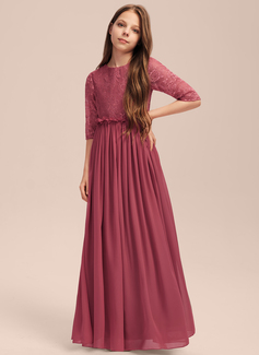 A-line kjole Scoop Gulvlengde Chiffon Brudepikekjole ungdom med Plissert 