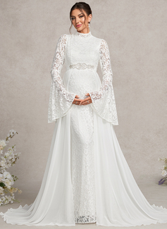 Trumpet/Mermaid High Neck Sweep Train Detachable Chiffon Lace Maternity Dresses With Beading 