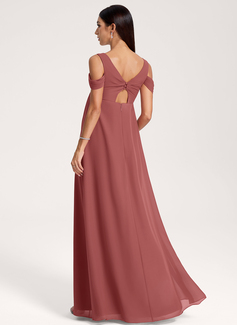 A-line Cold Shoulder V-Neck Floor-Length Chiffon Maternity Dresses With Pleated 