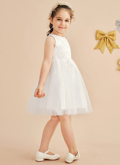 A-Linien-Kleid Rundhals Knielang Spitze Satin Tüll Futter aus 100% Baumwolle Blumenmädchenkleid 