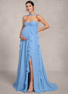 A-line Halter Sweep Train Chiffon Maternity Dresses With Crystal Brooch Cascading Ruffles 