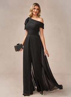 Jumpsuits One Shoulder Floor-Length Chiffon Evening Dress With Overskirt Bow 