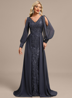 Sheath/Column V-Neck Floor-Length Detachable Lace Sequin Chiffon Evening Dress With Overskirt 