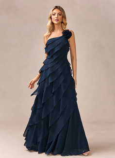 A-line One Shoulder Floor-Length Chiffon Evening Dress With Cascading Ruffles Flower 