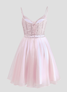 A-line V-Neck Short Tulle Homecoming Dress With Rhinestone Sequins Beading 