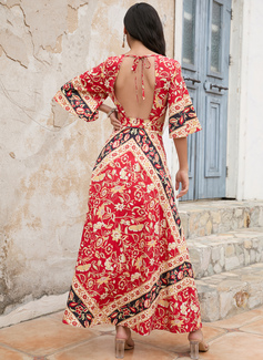 Rund hals Trekvart ermer Ferie A-line kjole Polyester Midi Motekjoler 