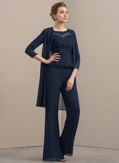 Buksedresser Separerer Scoop Illusjon Gulvlengde Chiffon Blonder Kjole til brudens mor med Profilering 