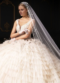 Pearl Cut Edge Single Tier Tulle Bridal Cathedral Length Wedding Veils 