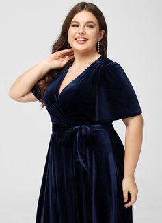 A-Linien-Kleid V-Ausschnitt Vokuhila Samt Brautjungfernkleid mit Schleife 