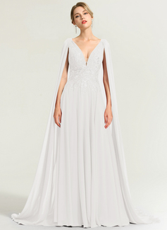 A-Linien-Kleid V-Ausschnitt Pinsel-Schleppe Spitze Chiffon Brautkleid mit Cape-Ärmel Pailletten 