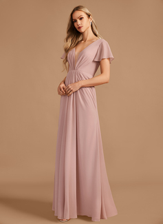 A-Line V-neck Floor-Length Chiffon Bridesmaid Dress With Ruffle 