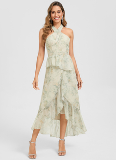 Trapèze licou asymétrique mousseline floral robe de cocktail avec à volants 