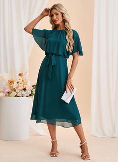 Scoop Short Sleeve A-line Chiffon Midi Dress 