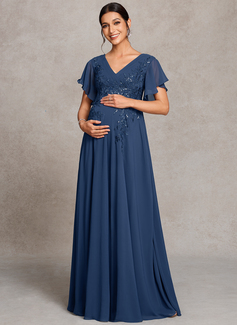 A-line V-Neck Floor-Length Lace Chiffon Maternity Dresses With Sequins Pleated 