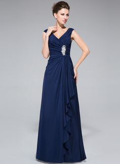 Sheath/Column V-neck Floor-Length Jersey Mother of the Bride Dress With Beading Sequins Cascading Ruffles 