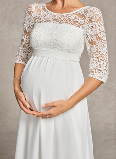 A-line Scoop Illusion Floor-Length Lace Chiffon Maternity Dresses With Bow 