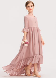 A-line Scoop Asymmetrical Chiffon Junior Bridesmaid Dress With Bow Cascading Ruffles 