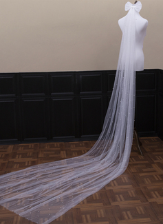 Pearl Bow Cut Edge Single Tier Tulle Bridal Cathedral Length Wedding Veils 