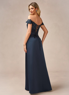 Sheath/Column Off the Shoulder Detachable Floor-Length Satin Lace Evening Dress With Overskirt Sequins Pleated 