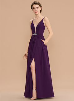 A-line kjole V-hals Gulvlengde Chiffon Brudepikekjole med Profilering paljetter 