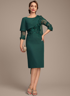 Sheath/Column Scoop Knee-Length Chiffon Lace Mother of the Bride Dress With Beading Cape 3D Floral 