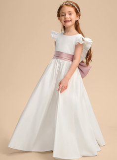 A-line Scoop Floor-Length Lining 100% Cotton Satin Flower Girl Dress With Bow 