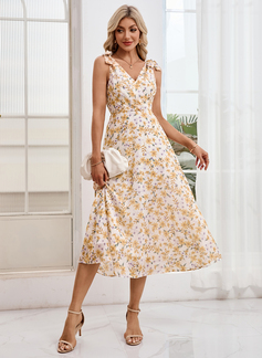 Bow Floral Print V-Neck Sleeveless A-line Chiffon Midi Dress 