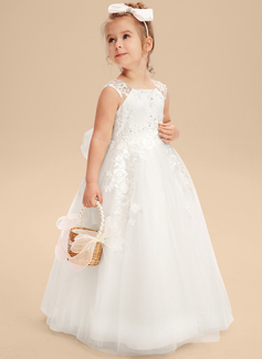 A-line kjole Scoop Gulvlengde Tyll Brudepikekjole barn med Cape paljetter 