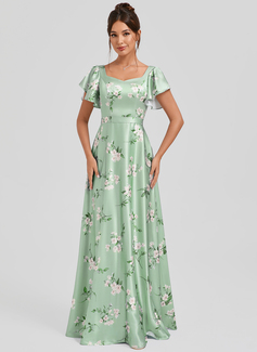 A-line V-Neck Floor-Length Matte Satin Bridesmaid Dress With Ruffle 