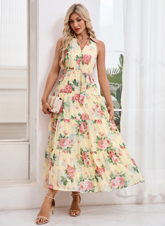 Floral Print Collared Sleeveless A-line Chiffon Maxi Dress 