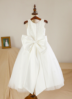 A-line kjole Scoop Te-lengde Sateng Tyll Brudepikekjole barn med Sløyfe 