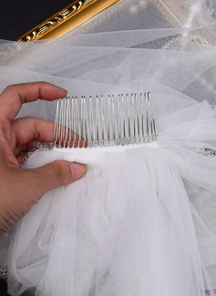 Beading Cut Edge Two Tier Tulle Bridal Fingertip Length Wedding Veils With Blusher 