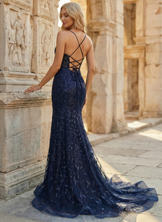 Kjole Trompet/Havfrue i Blonder med Spaghetti paljetter