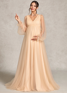 A-line V-Neck Sweep Train Tulle Maternity Dresses With Pleated 