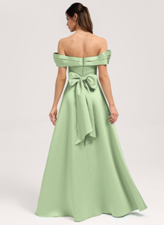 A-line Off the Shoulder Floor-Length Satin Bridesmaid Dress With Bow 