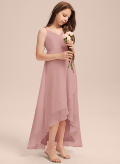 A-linja v-kaula epäsymmetrinen sifonki nuorten morsiusneito mekko jossa laskeutuva röyhelö 