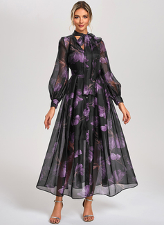 A-line V-Neck Ankle-Length Chiffon Jersey Cocktail Dress With Floral Print 