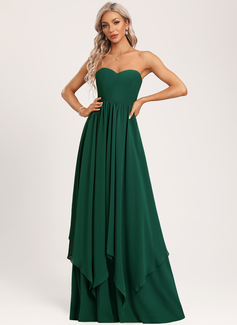 A-line Sweetheart V-Neck Floor-Length Chiffon Bridesmaid Dress With Ruffle 