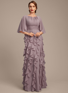 A-line Boat Neck Floor-Length Chiffon Mother of the Bride Dress With Ruffle Sequins Beading 