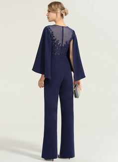 Jumpsuit / Pantsuit Scoop Illusjon Gulvlengde Blonder Strekk-crêpe Festkjole med paljetter Sløyfe (r) 