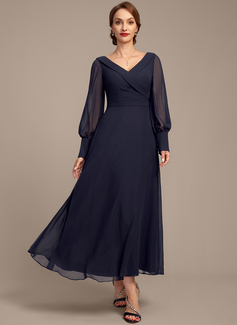 A-line V-Neck Collared Ankle-Length Chiffon Mother of the Bride Dress With Pleated 