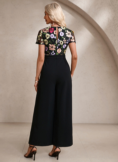 Embroidered Scoop Short Sleeve Jumpsuits Tulle Stretch Crepe Maxi Dress 