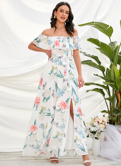 Splittet Front Bare skuldre Ermeløs Ferie A-line kjole Chiffong Midi Ankel-lengde Motekjoler 